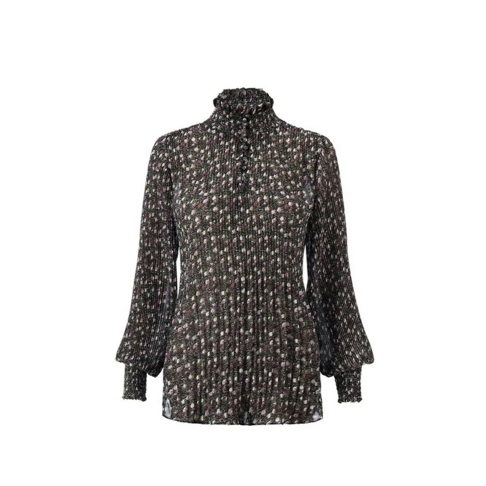 Cabi Knife Pleat Ditsy Floral Blouse Long Balloon Sleeves Sheer  3952 L Large